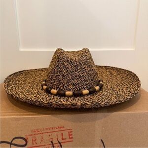 Wide Brim Beaded Straw Hat - Black & Tan